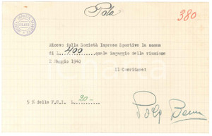 Autografo originale 1940 CICLISMO MILANO Ricevuta Benedetto POLA per ingaggio Vigorelli AUTOGRAFO 1