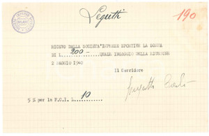 Autografo originale 1940 CICLISMO MILANO Ricevuta Carlo LEGUTTI per ingaggio Vigorelli AUTOGRAFO 1