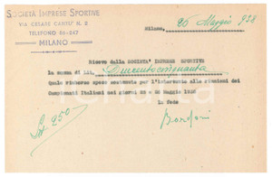 Autografo originale 1938 CICLISMO MILANO Ricevuta Adolfo BORDONI per rimborso spese AUTOGRAFO 1