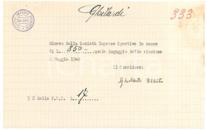 Autografo originale 1940 CICLISMO MILANO Ricevuta Alberto GHILARDI per ingaggio Vigorelli AUTOGRAFO 1