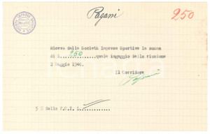 Autografo originale 1940 CICLISMO MILANO Ricevuta Antonio PAGANI per ingaggio Vigorelli AUTOGRAFO 1