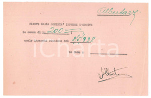Autografo originale 1938 CICLISMO MILANO Ricevuta ALBERTAZZI per ingaggio Vigorelli AUTOGRAFO 1