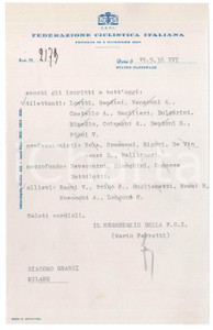 Manoscritto, lettera originale 1938 CICLISMO ROMA CONI Lettera Mario FERRETTI su iscritti alle gare AUTOGRAFO 1
