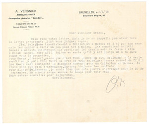 Autografo originale 1938 BRUXELLES CICLISMO A. VERSNICK su ingaggio Karel KAERS AUTOGRAFO 1