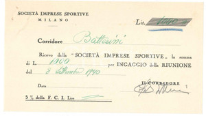 Autografo originale 1940 CICLISMO MILANO  Ricevuta Fabio BATTESINI ingaggio gara AUTOGRAFO 1