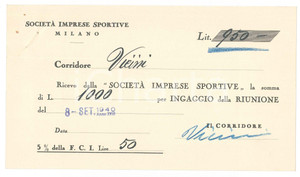 Autografo originale 1940 CICLISMO MILANO VIGORELLI Ricevuta Mario VICINI per una corsa AUTOGRAFO 1