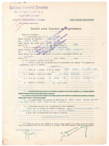 Autografo originale 1938 CICLISMO MILANO VIGORELLI  Contratto ingaggio Jean TONNELIER  Autografo 1