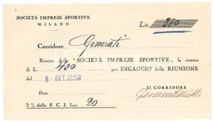 Autografo originale 1940 CICLISMO Milano VIGORELLI Ricevuta Walter GENERATI per corsa  AUTOGRAFO 1