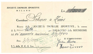 Autografo originale 1940 CICLISMO MILANO  Ricevuta Jean SCHORN Hans ZIMS ingaggio corsa AUTOGRAFI 1