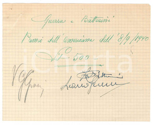 Autografo originale 1940 CICLISMO MILANO Ricevuta Learco GUERRA Fabio BATTESINI premio  AUTOGRAFO 1
