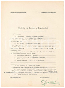 Autografo originale 1941 CICLISMO MILANO VIGORELLI  Contratto ingaggio Severino CANAVESI Autografo 1