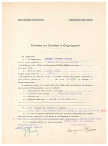 Autografo originale 1941 CICLISMO MILANO VIGORELLI  Contratto ingaggio Primo BERGOMI Autografo 1