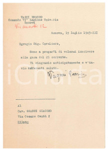 Autografo originale 1943 CICLISMO GENOVA Lettera Enrico VAGNI per iscrizione a gara  AUTOGRAFO 1