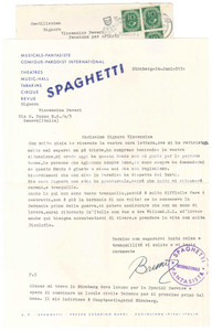 Autografo originale 1953 NURNBERG  TEATRO  Lettera Bruno NARDI SPAGHETTI fantasista AUTOGRAFO 1