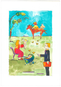 Opera d’arte autentica 1980 ca SATIRA  PEDAGOGIA Bambini al parco  Ill. MASSEVA Disegno originale 3 1