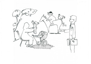 Opera d’arte autentica 1980 ca SATIRA  PEDAGOGIA Bambini al parco  Ill. MASSEVA Disegno originale 1