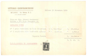 Documento originale, autentico 1959 MILANO Sartoria Vittorio GIANFRANCESCHI Ricevuta a Gianni SANTUCCIO 1