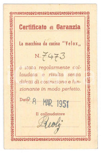 Oggetto da collezione cartaceo 1951 VELOX Macchinari da cucina  Certificato garanzia PassapurÃ© 6x10 cm 1
