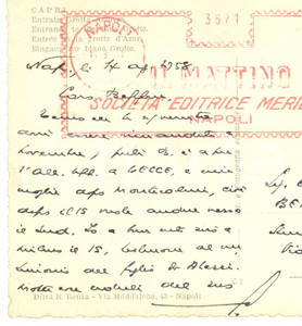 Autografo originale 1958 NAPOLI Giovanni ANSALDO rimanda un appuntamento  AUTOGRAFO 1