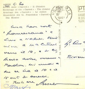 Autografo originale 1961 ASSISI Cartolina Giovanni ANSALDO in sosta francescana  AUTOGRAFO 1