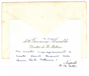 Autografo originale 1960 ca NAPOLI Giovanni ANSALDO  Direttore de Il Mattino Biglietto AUTOGRAFO 1