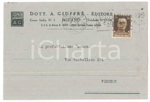 Cartolina originale da collezione 1942 MILANO Dott. A. GIUFFRE  EDITORE a Prof. Giuliano MAZZONI Cartolina 1