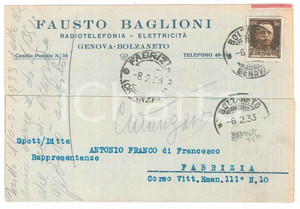 Cartolina originale da collezione 1933 GENOVA  BOLZANETO Radiotelefonia Fausto BAGLIONI Cartolina commerciale 1