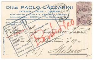 Cartolina originale da collezione 1927 CREMONA Ditta Paolo LAZZARINI Laterizi  Cartolina commerciale FP VG 1