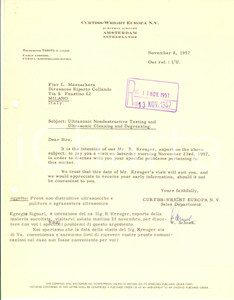 Documento originale, autentico 1957 AMSTERDAM  CURTISSWRIGHT EUROPA  Letter W. SCHNEK Sales Department 1