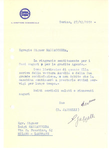Autografo originale 1951 TORINO LANCIA  Lettera Domenico JAPPELLI direttore commerciale  Autografo 1