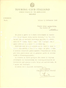 Autografo originale 1949 MILANO TOURING CLUB Lettera presidente Cesare CHIODI  Autografo 1