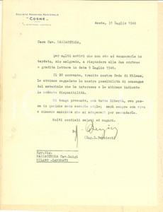 Autografo originale 1946 AOSTA Lettera ing. Luigi BERZIERI  SocietÃ  Nazionale COGNE Autografo 1