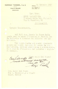 Autografo originale 1950 MILANO Lettera ing. Luigi DEL PIERO  SocietÃ  Nazionale COGNE Autografo 1