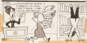 Stampa, bozzetto originale 1955 ca IL VITTORIOSO  ALBE Alberto CATALANI Biblioteca Vignetta ORIGINALE 1