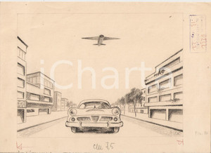Stampa, bozzetto originale 1955 ca IL VITTORIOSO Cadillac inseguita da aereo Illustrazione ORIGINALE 25x18 1