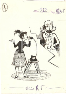 Stampa, bozzetto originale 1955 ca IL VITTORIOSO ?Telefonata tra ragazzine Illustrazione ORIGINALE 16x22 cm 1