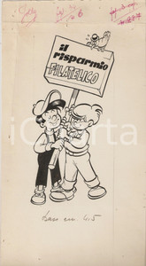 Stampa, bozzetto originale 1955 ca JOLLY Il risparmio filatelico Illustrazione ORIGINALE 16x32 cm 1