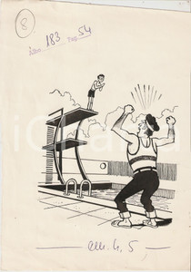 Stampa, bozzetto originale 1955 ca IL VITTORIOSO ? Bagnino urla a tuffatore inesperto Ill. ORIGINALE 19x27 1