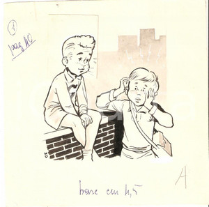 Stampa, bozzetto originale 1955 ca IL VITTORIOSO ? Illustrazione ORIGINALE Bambino spaventato 14x14 1