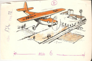 Stampa, bozzetto originale 1955 ca IL VITTORIOSO ? Aereo monomotore sorvola fattoria Ill. ORIGINALE 18x12 1