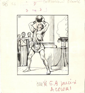 Stampa, bozzetto originale 1955 ca IL VITTORIOSO Sollevamento pesi OLIMPIADI Bozzetto a china per figurina 1