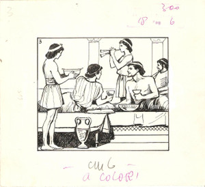 Stampa, bozzetto originale 1955 ca IL VITTORIOSO Banchetto ANTICA GRECIA  Bozzetto a china per figurina 1