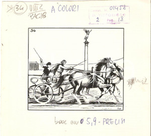 Stampa, bozzetto originale 1955 ca IL VITTORIOSO Corsa sulle bighe  Bozzetto a china per figurina 16x15 1