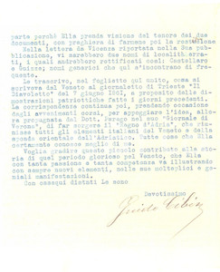 Manoscritto, lettera originale 1934 SCHIO Guido CIBIN sulla vicenda della Festa dello Statuto Autografo 1