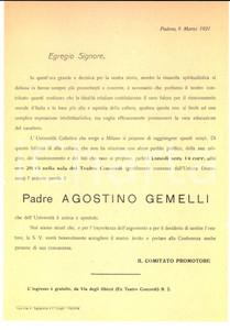 Documento originale, autentico 1921 PADOVA Università Cattolica  Conferenza padre Agostino GEMELLI Locandina 1