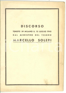 Libro, pubblicazione d epoca 1945 MILANO Marcello SOLERI Discorso del ministro del Tesoro Pubblicazione 1