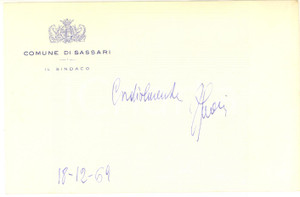 Autografo originale 1969 SASSARI Biglietto sindaco Francesco GUARINO  AUTOGRAFO 18x12 cm 1