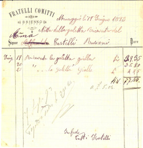 Documento originale, autentico 1893 MENAGGIO Ditta Fratelli COMITTI  BRIENNO  Ricevuta per galletta 1