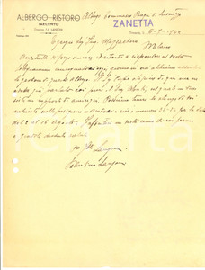 Manoscritto, lettera originale 1942 TARCENTO UD Albergo RISTORO  Lettera Valentino LANZONI per prenotazione 1