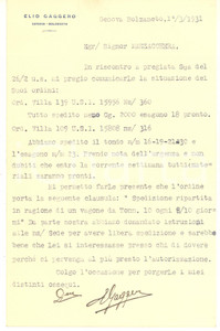 Manoscritto, lettera originale 1931 GENOVA BOLZANETO Lettera Elio GAGGERO per invio merce Autografo 1